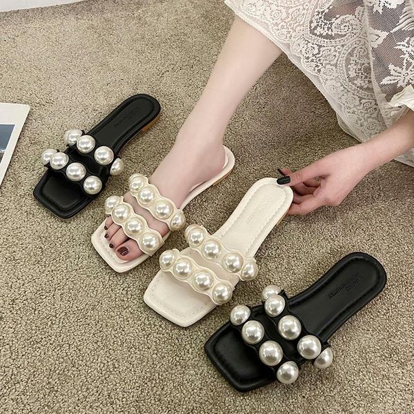 

slippers beach shoes woman's low string bead luxury slides sabot 2021 flat designer pu rubber fashion basic ladies' slippe, Black