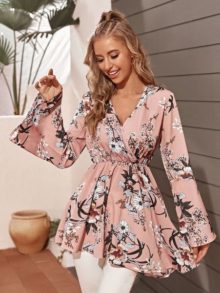 

floral print v neck bell sleeve longline blouse w2aw#, White