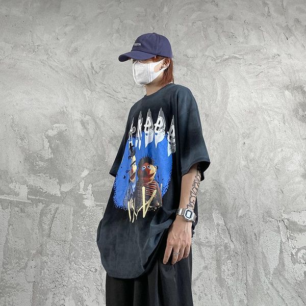 

men's t-shirts spray color cartoon print street niche short-sleeved t-shirt men and women lazy style, White;black