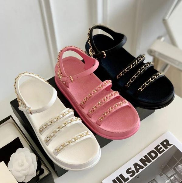

women designer luxury sandals fashion foam runner sheepskin flat slides for sports and leisure platform versatile black ribbons chain sandal
