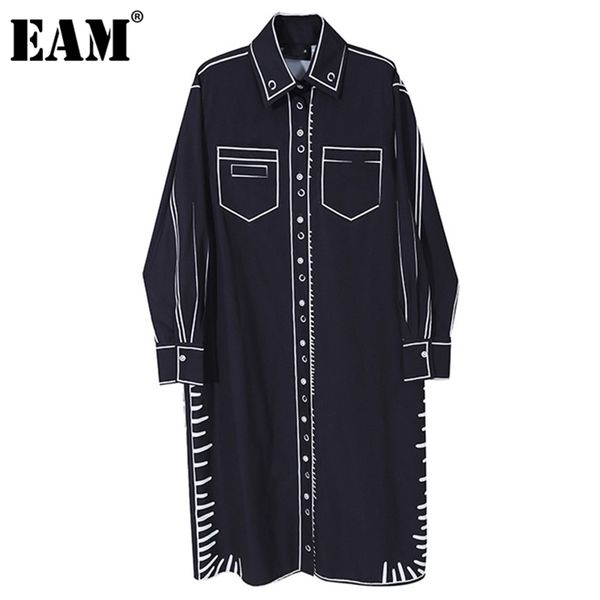 

[eam] women black white printed big size dress new laepl long sleeve loose fit fashion tide spring autumn 1dd1657 210409, Black;gray