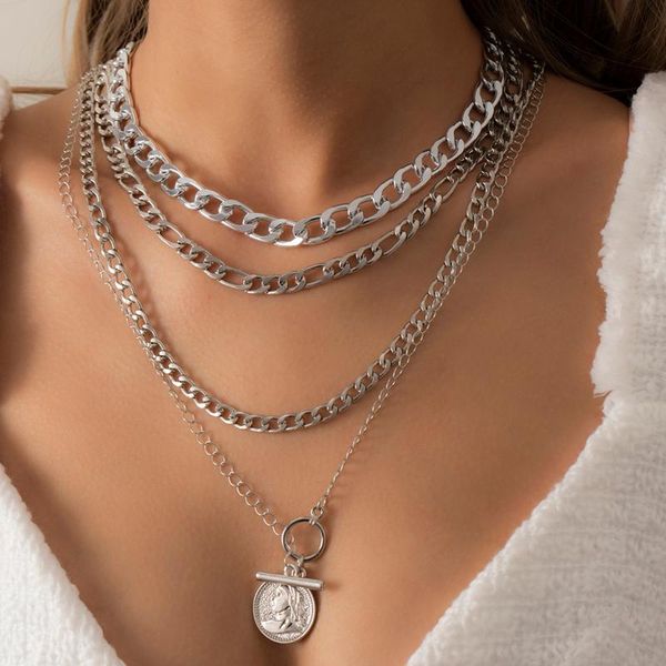 

chains hip hop multi layered chain necklaces set for women/girl gold/silver color punk coin pendant on neck wedding gift 2021