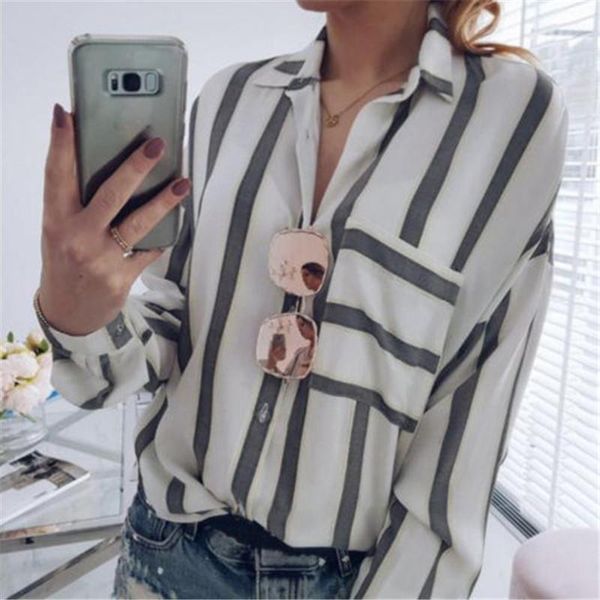 

fashion casual button long sleeve plus size womens striped lace v neck shirt ladies loose blouse women's blouses & shirts, White