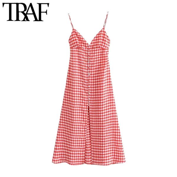 

women chic fashion with buttons plaid midi dress vintage backless bow tied thin straps female dresses vestidos 210507, Black;gray