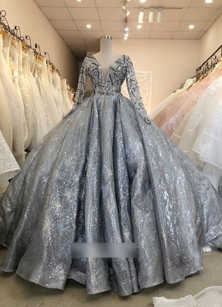 Glitzernde Ballkleid-Abschlussballkleider mit Perlen, V-Ausschnitt, langen Ärmeln und Pailletten, Abendkleider, Sweep-Zug, formelles Kleid, Roben nach Maß