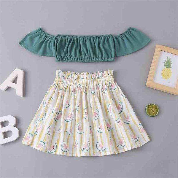 

winter children sets casual short sleeve slash neck green solid print watermalon skirts 2pcs girl clothes 18m-6t 210629, White