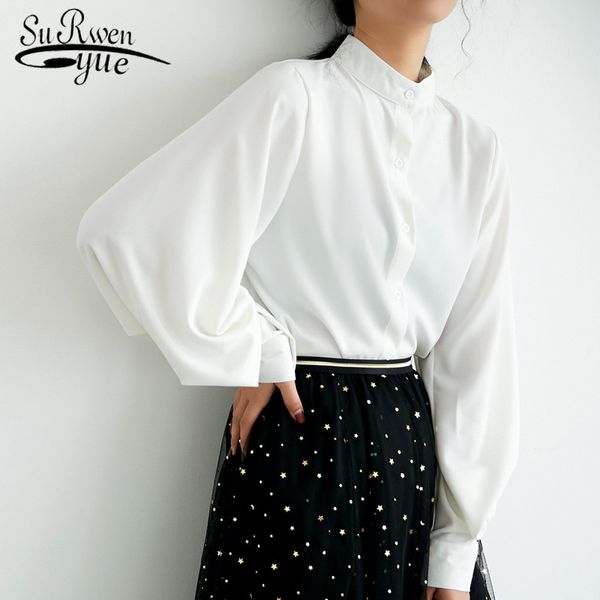 

autumn fashion women chiffon shirts vintage hong kong style lantern sleeve shirt solid long button blouses 6462 50 210508, White