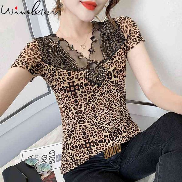 

women's t-shirt summer korean style fashion v-neck leopard cotton patchwork mesh women diamonds short sleeve tees t14506, White