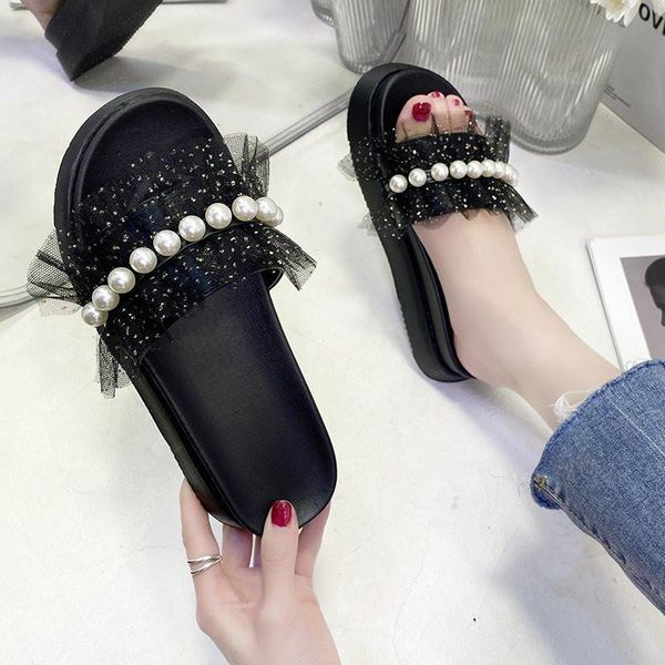 

med shoes on a wedge house slippers platform slides slipers women fashion string bead 2021 luxury flat cotton fabric rubber bond, Black