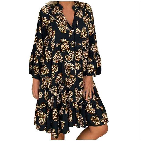 

womens ladies above knee plus size loose printing long sleeve v-collar button mini dress bohemian beach style mujer sundress, Black;gray