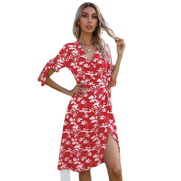 

women's dresses 2021 summer casual printing irregular bow short sleeve, Black;gray