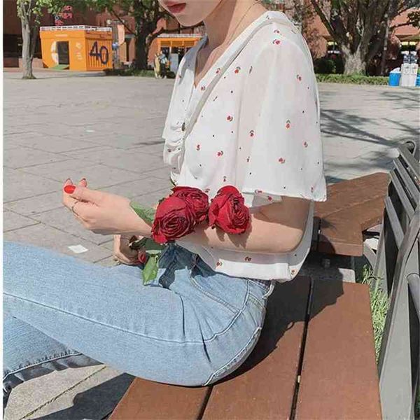 

shirt summer femme casual v neck vintage women blouses short sleeve print girls blouse plus size blusas 210423, White