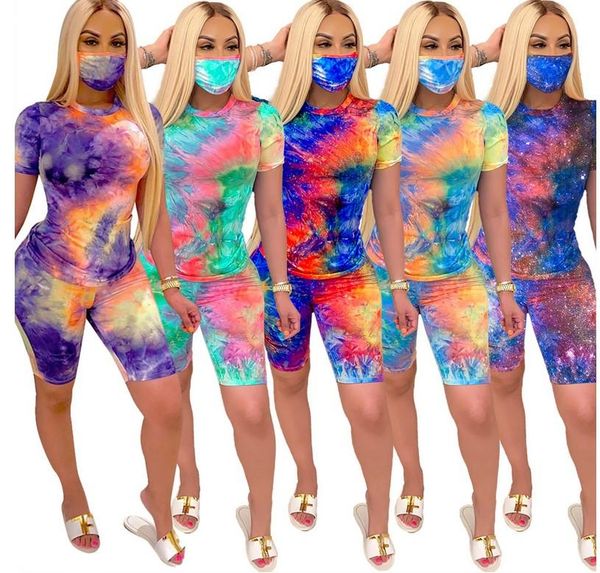 

summer women's tie-dye round neck casual fashion home sports shorts suit (including mask) 2 piece sets womens outfits two dress, White