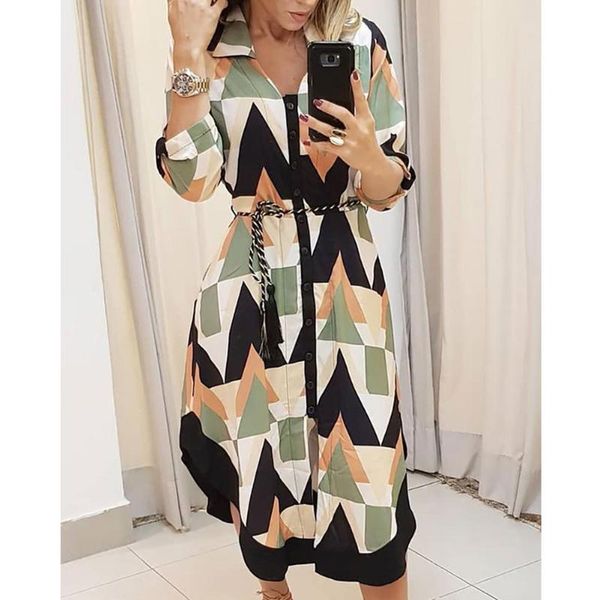

women's autumn shirt dress lady wave print long sleeve v-neck casual loose holiday midi plus size dresses, Black;gray
