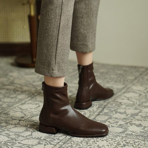 

boots square french toe elastic women's short thick heel british style versatile middle soft, Black