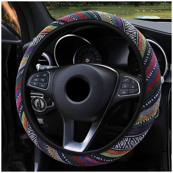 

steering wheel covers 37-38 cm car cover imitation linen material fashion ethnic style non-slip breathable interior accessories