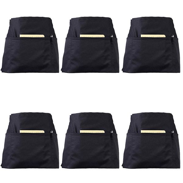 

aprons 6 pack black waist with 3 pockets - half for waitress waiter 24 x 12 inch server holding book gu