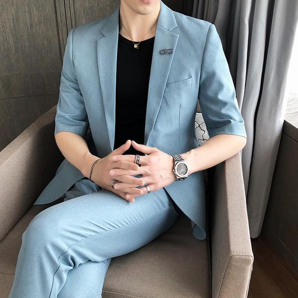 

men's solid 3/4 sleeve suits slim fit business casual men two piece suit 2021 spring fashion social wedding groomsman & blazers, White;black