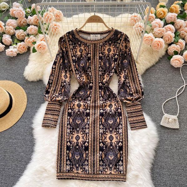 

casual dresses 2021 autumn temperament vestidos female round neck puff sleeve slim short retro print mini dress df017, Black;gray