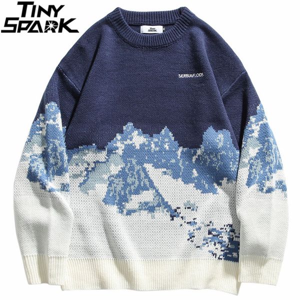 

2021 men hip hop streetwear knitted sweater embroidery retro vintage snow sweater cotton harajuku casual pullover sweater black