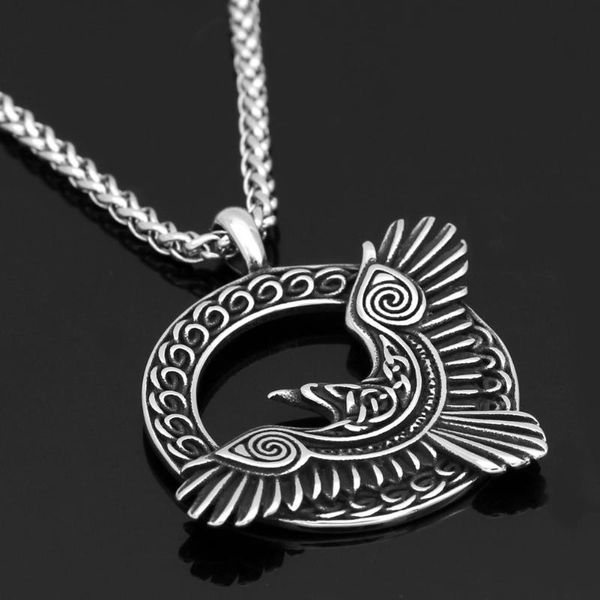 

pendant necklaces norse viking triple horn of odin raven huginn and muninn amulet stainless steel rune necklace with valknut gift bag, Silver