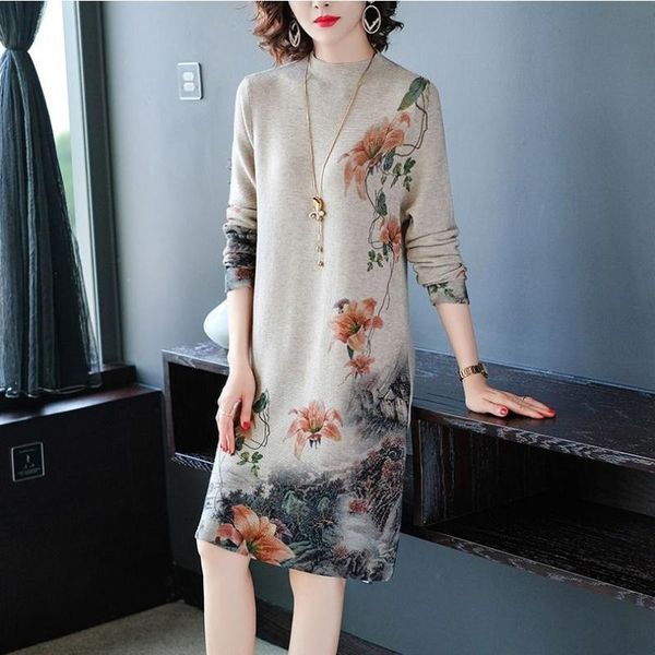 

casual dresses 2021 autumn winter vintage print temperament female sweater long sleeve dress loose women knitted, Black;gray