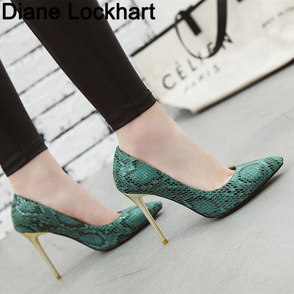 

woman shoes snake printed stilettos high heels 10cm pointed toe women pumps party sapato feminino plus size 42 43 dress, Black