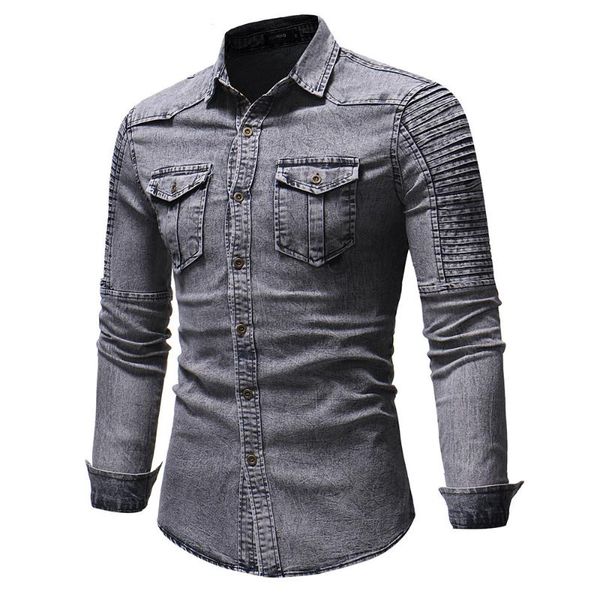 

men's casual shirts fashion men wash denim jeans shirt autumn long sleeves slim fit streetwear high quality, White;black