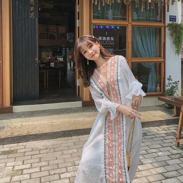 

casual dresses video will customize bohemia national wind su embroidery dress long-sleeved v-neck loose and, Black;gray