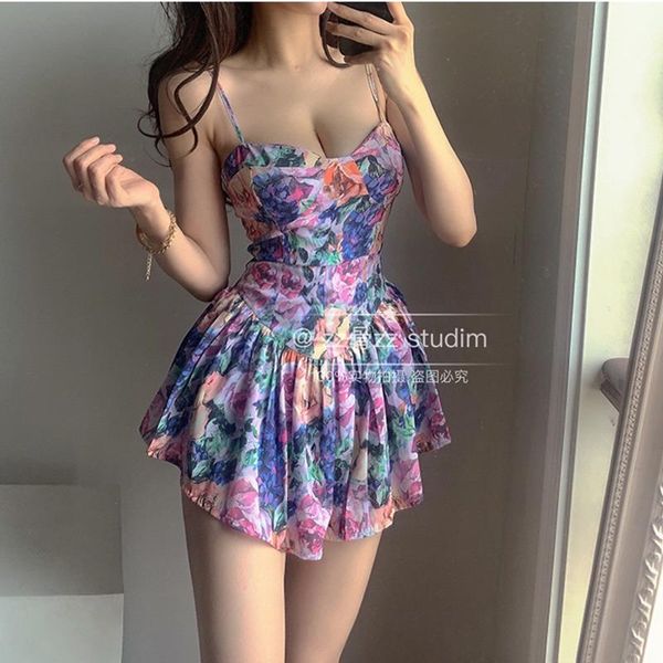 

casual dresses womengaga summer korean v neck irregular elegant print high waist tank mini dress flowers beach boho women qe78, Black;gray