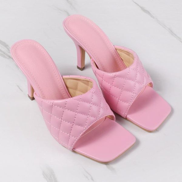 

high heels mules 2021 candy color summer slide slippers dress lattice sandals embroidery beach shoes women plus size 42, Black