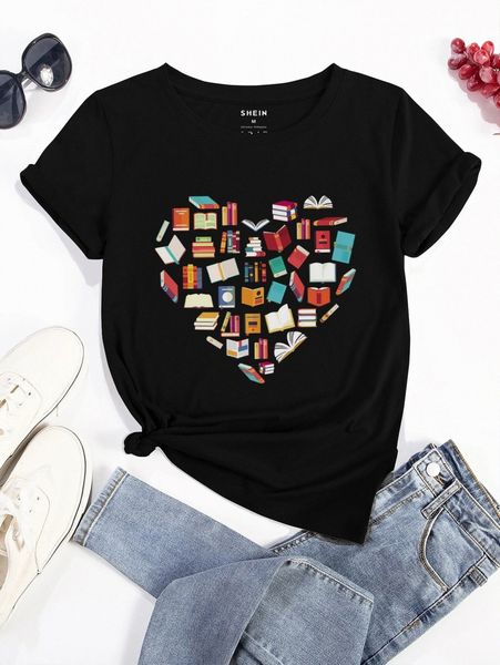 

book and heart print tee 69ct#, White