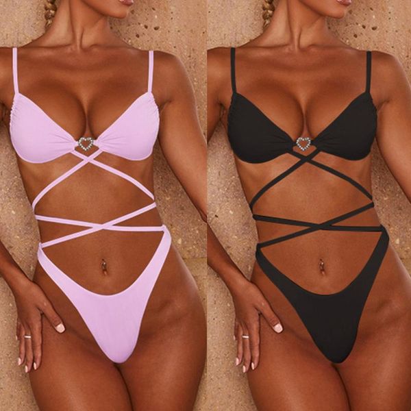 

women's swimwear womens criss cross high waisted swimsuits bandage bikini wrap athletic two piece padded bathing beachwear set, White;black