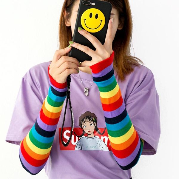 

sports gloves elbow length fingerless arm sleeve warmer rainbow colored striped knitted sunscreen halloween costume mittens, Black