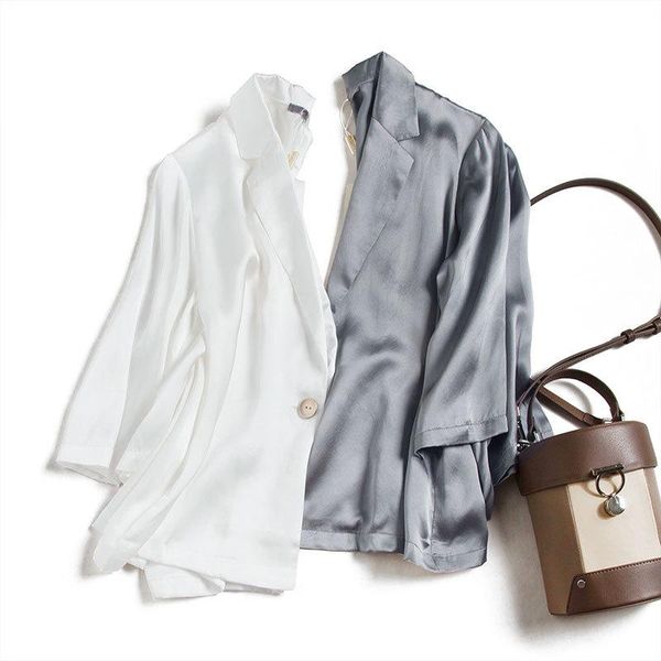

women's suits & blazers birdsky, summer 1pc natural mulberry silk women office lady suit outwear one button solid color, s-213, White;black