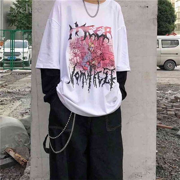 

lychee harajuku character print women t shirt tee fake 2 pieces women t-shirts tees patchwork o-neck women t shirts 210401, White