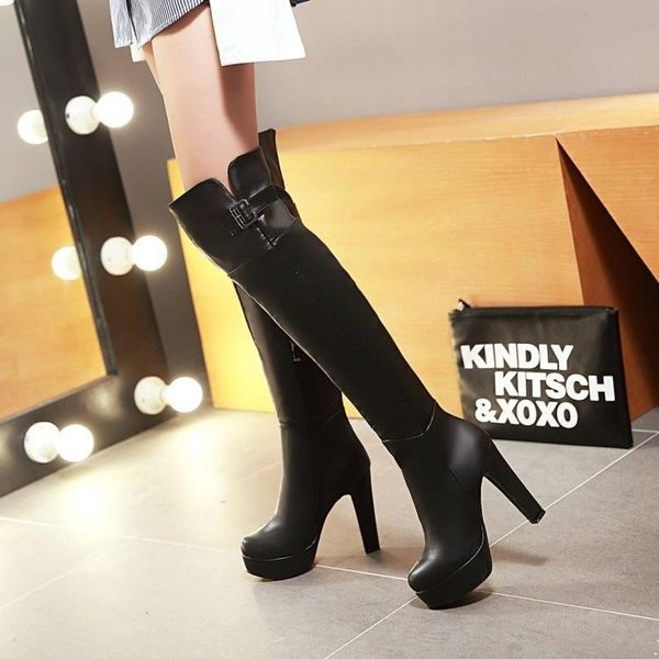 

dress shoes over knee boots long waterproof platform high side zipper nightclub knight autumn and winter, Black