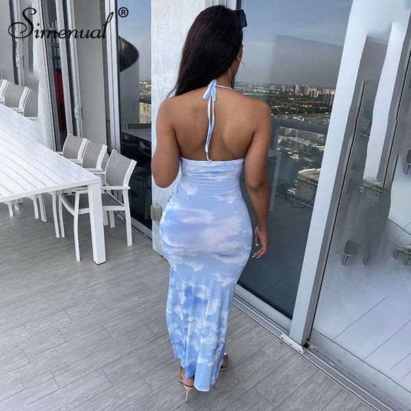 

simenual tie dye drawstring side slit women maxi dresses strap sleeveless party club fashion slim backelss bodycon halter dress y0603, Black;gray
