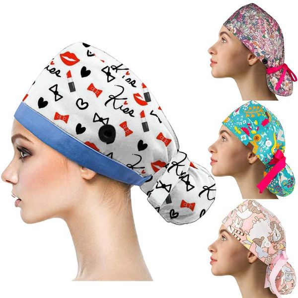 

beanies cotton scrub cap with buttons bouffant hat sweatband for womens and mens adjustable long hair working hats