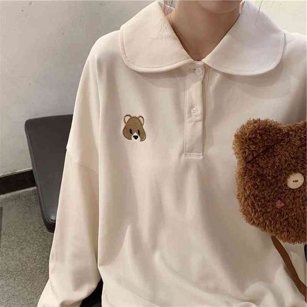 

qweek autumn kawaii bear embroidery polo sweatshirt 2021 japanese sweet preppy style hoodie women cute clothes alt kpop, Black