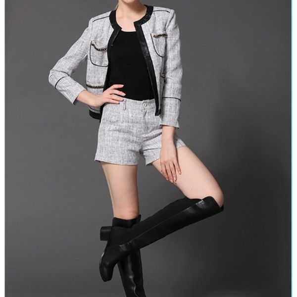

two piece dress european and american high-quality stars with the same paragraph spell leather chain + cotton linen shorts suit ql3z, White