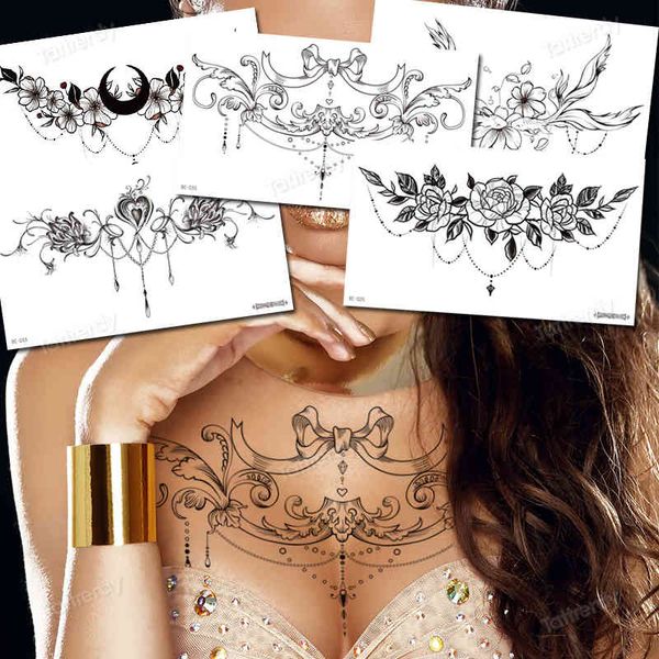 Körperschmuck-Aufkleber, temporäre Tattoos, schwarze Henna-Spitze, sexy Tattoo auf der Brust, Blumen, Rosen, Pfingstrosen, Mandala-Muster, Dekorationen