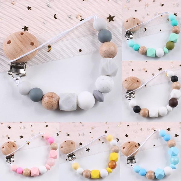 

grade silicone kralen chewable teether wood pacifier clips safe teething chain baby eco-friendly dummy holder pacifiers#