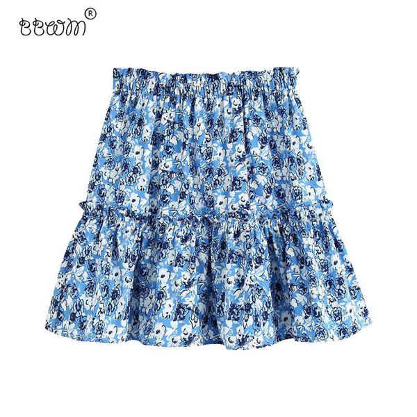 

women fashion floral printed pleated mini skirt vintage elastic waist skirts girls chic faldas 210520, Black