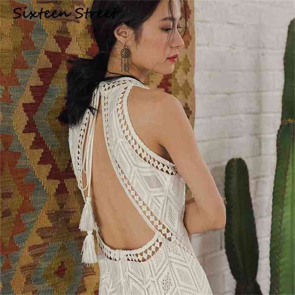 

boho white lace maxi dress summer beach sleeveless back spaghetti casual long split female halter neck vestido 210603, Black;gray