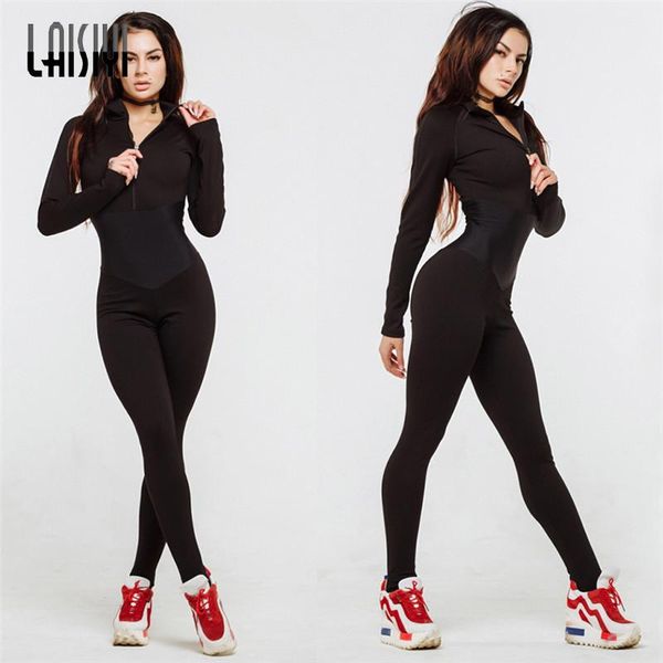 

women's jumpsuits & rompers laisiyi black bodycon jumpsuit romper long sleeve bodysuit women zipper v neck elegant full length polyeste, Black;white
