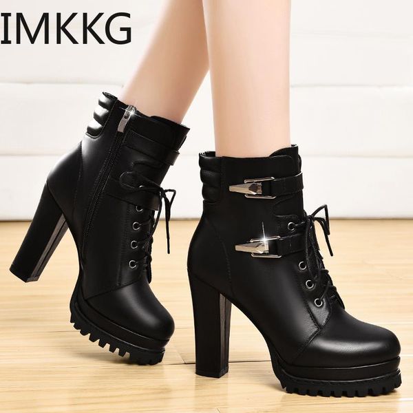 

boots 2021 winter fashion women's lace-up thick heel round head super high pu ankle zapatos de mujer, Black