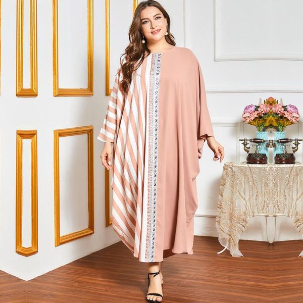 

ethnic clothing women dress oversize loose pink fashion stripe stitching printed bat sleeve robe long muslim abaya dubai turkey, Red