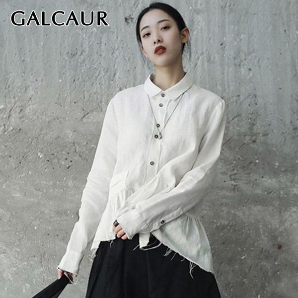 

white women's shirts lapel collar long sleeve ruffles high waist asymmetrical blouses female autumn 2021 fashion clothes &