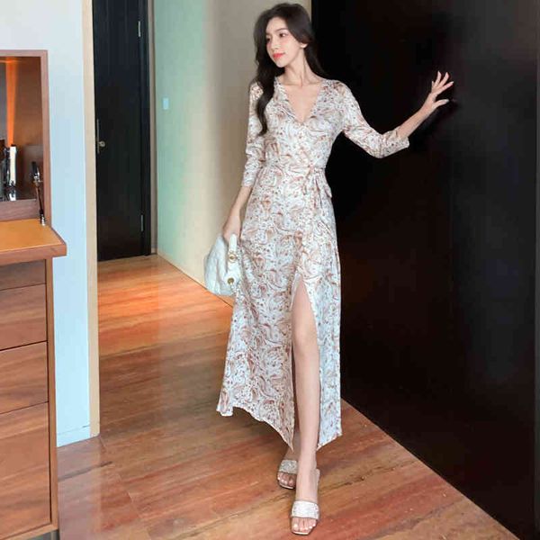

v-neck three-quarter sleeve floral korea women bohemian beach maxi wrap dresses ankle-length elegant ladies holiday dress clothe, Black;gray